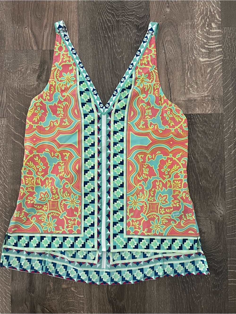 Hale Bob Bright Coral & Aqua Patterned V-Neck Tank